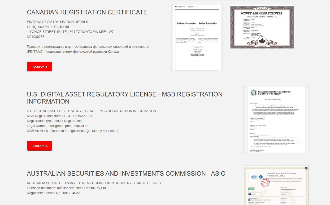 Лицензии Intelligence Prime Capital