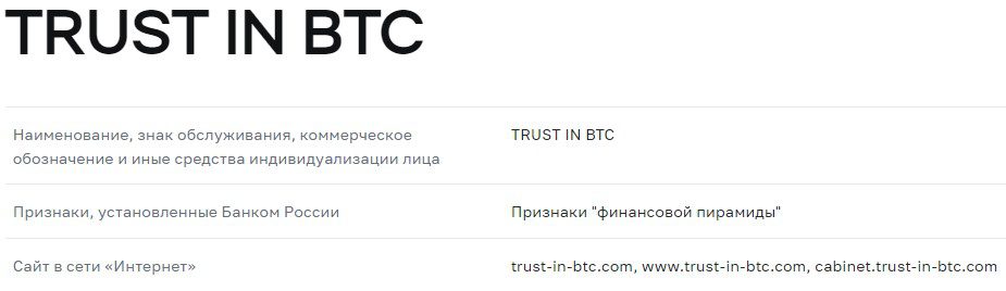 В реестре цб Trust In Btc