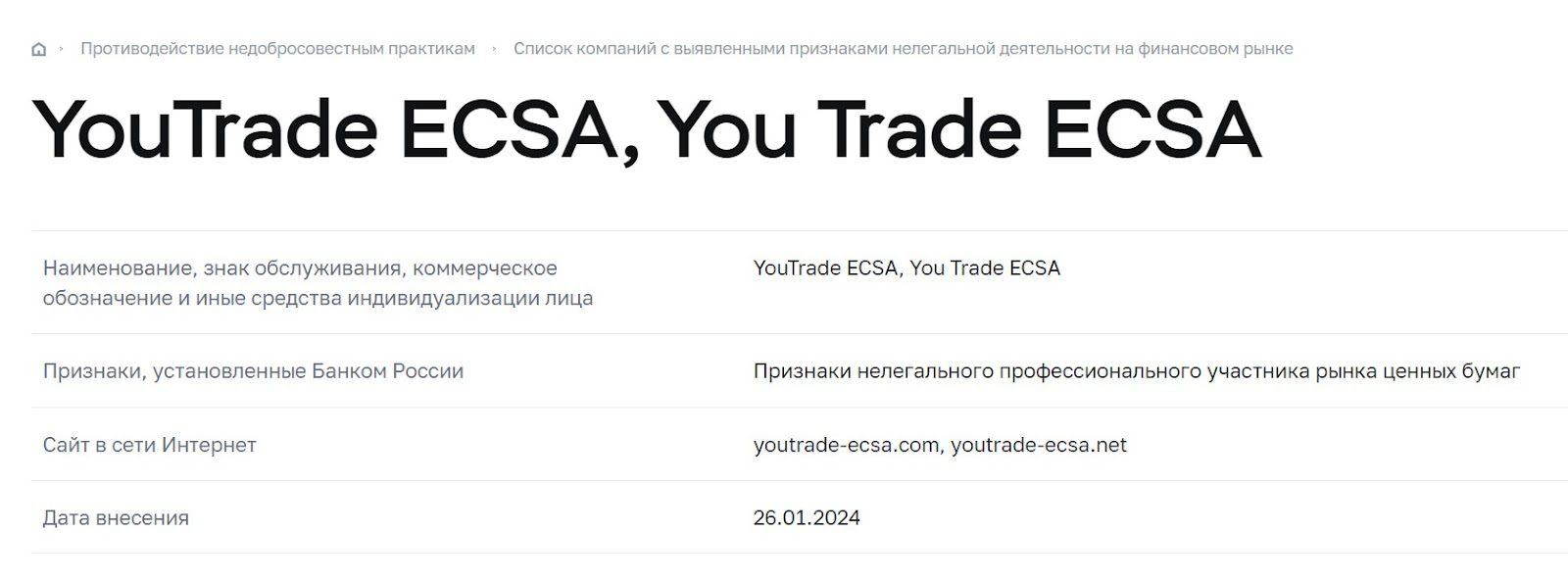 youtrade ecsa com отзывы